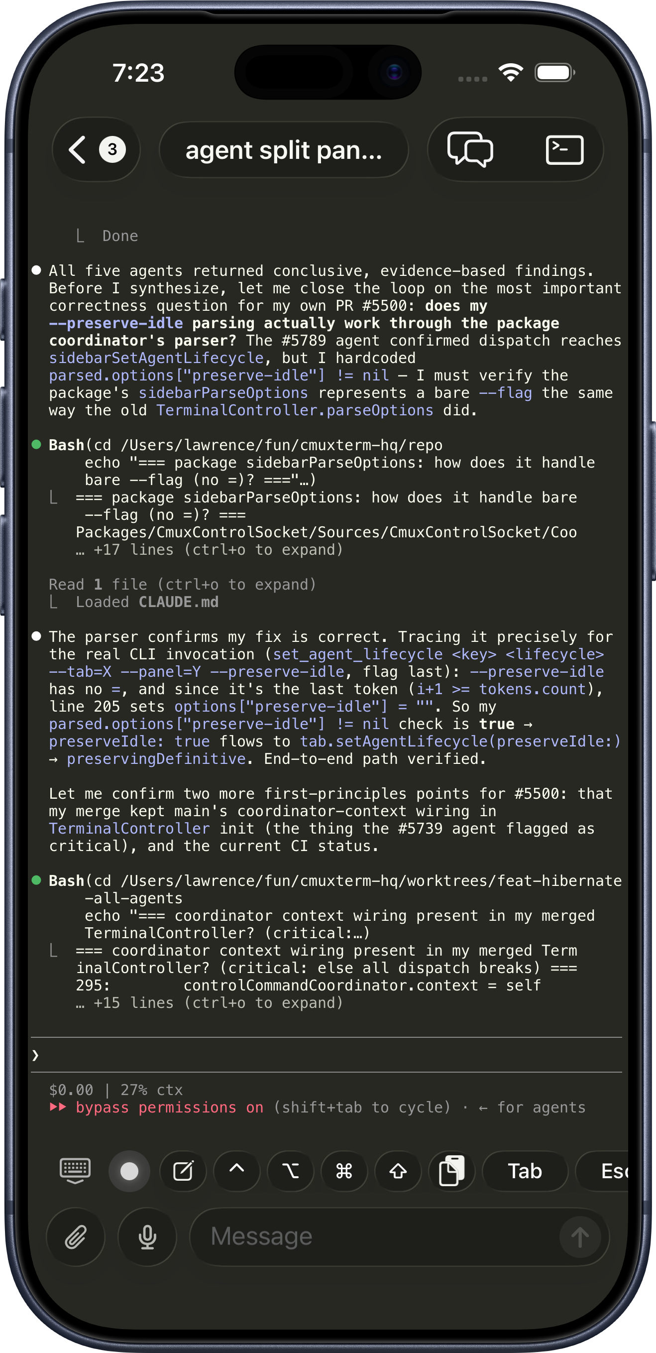 cmux iOS app mirroring a live agent terminal